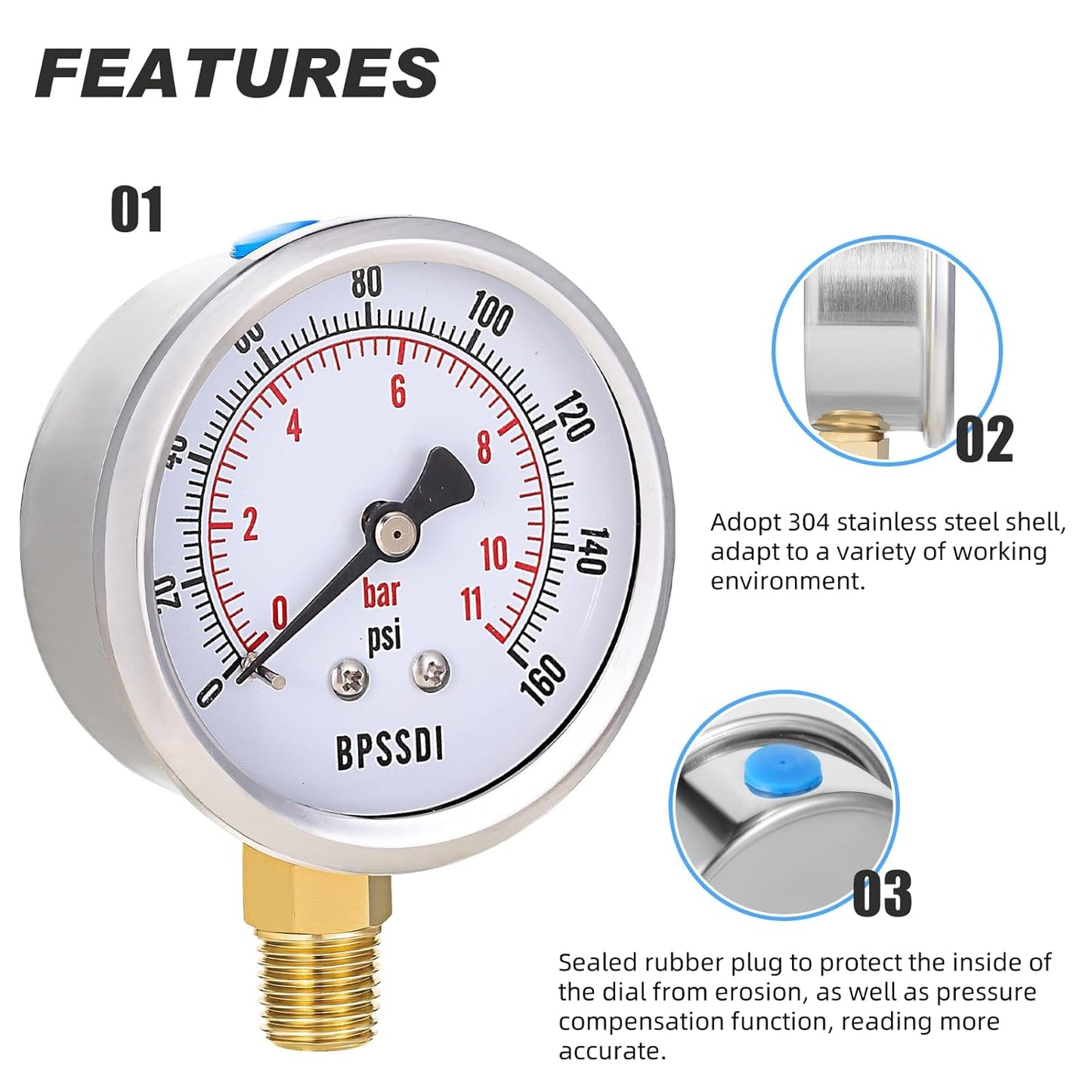 0-160 Psi Pressure Gauge, 2.5" Dial Size, 1/4" NPT Lower Mount, 304 Stainless Steel Case, Water Pressure Gauge Test for Water Pump, Pneumatic Air, RV Hose, Tank, Well Pump(with Tape)