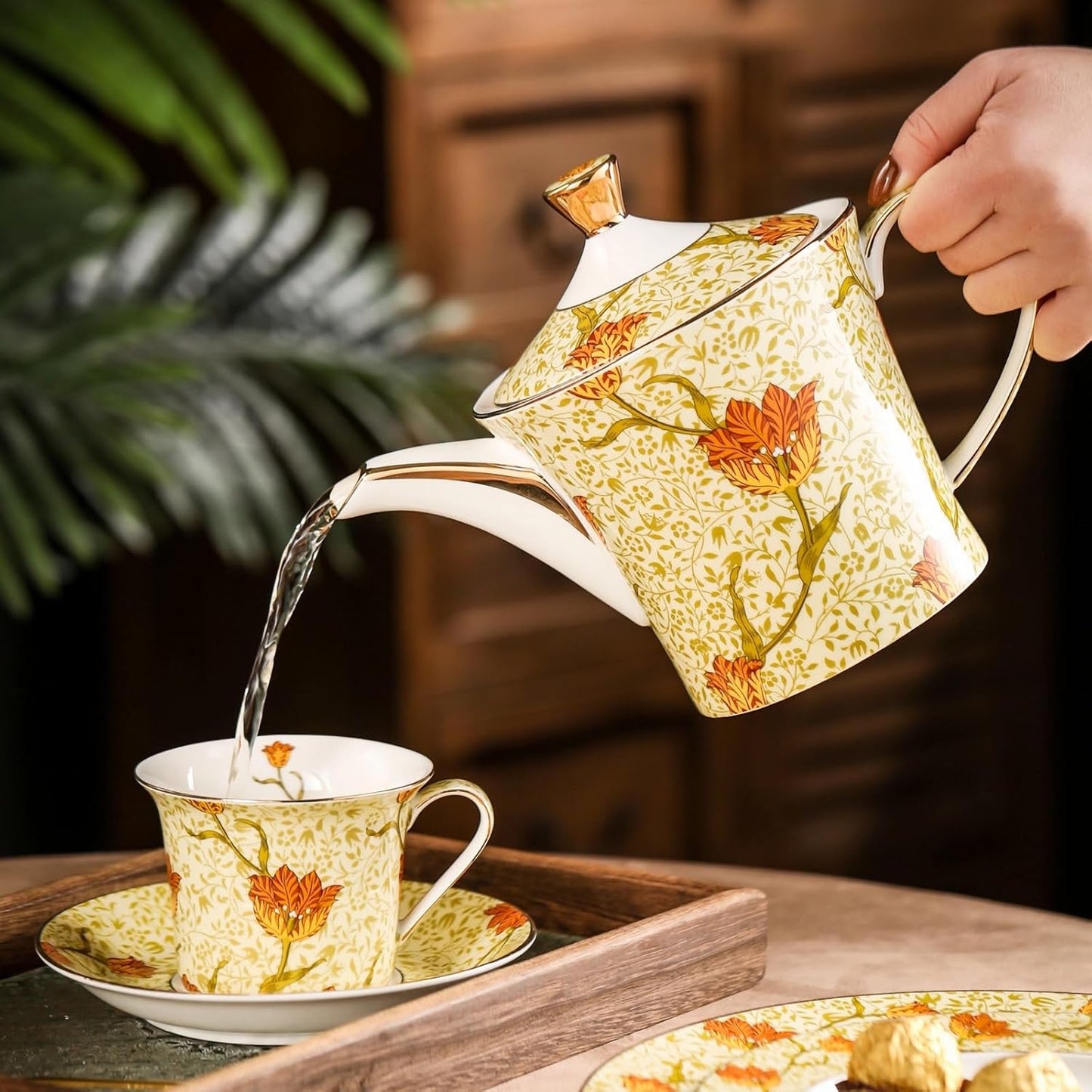 ACMLIFE Tea Set for Adults- Fine China Tea Set for 6, 21-Piece Vintage British Coffee Set English Porcelain Tea Pot Sets for Adult Tea Party for Women Gift (Tulip Yellow, Extra Large 21)