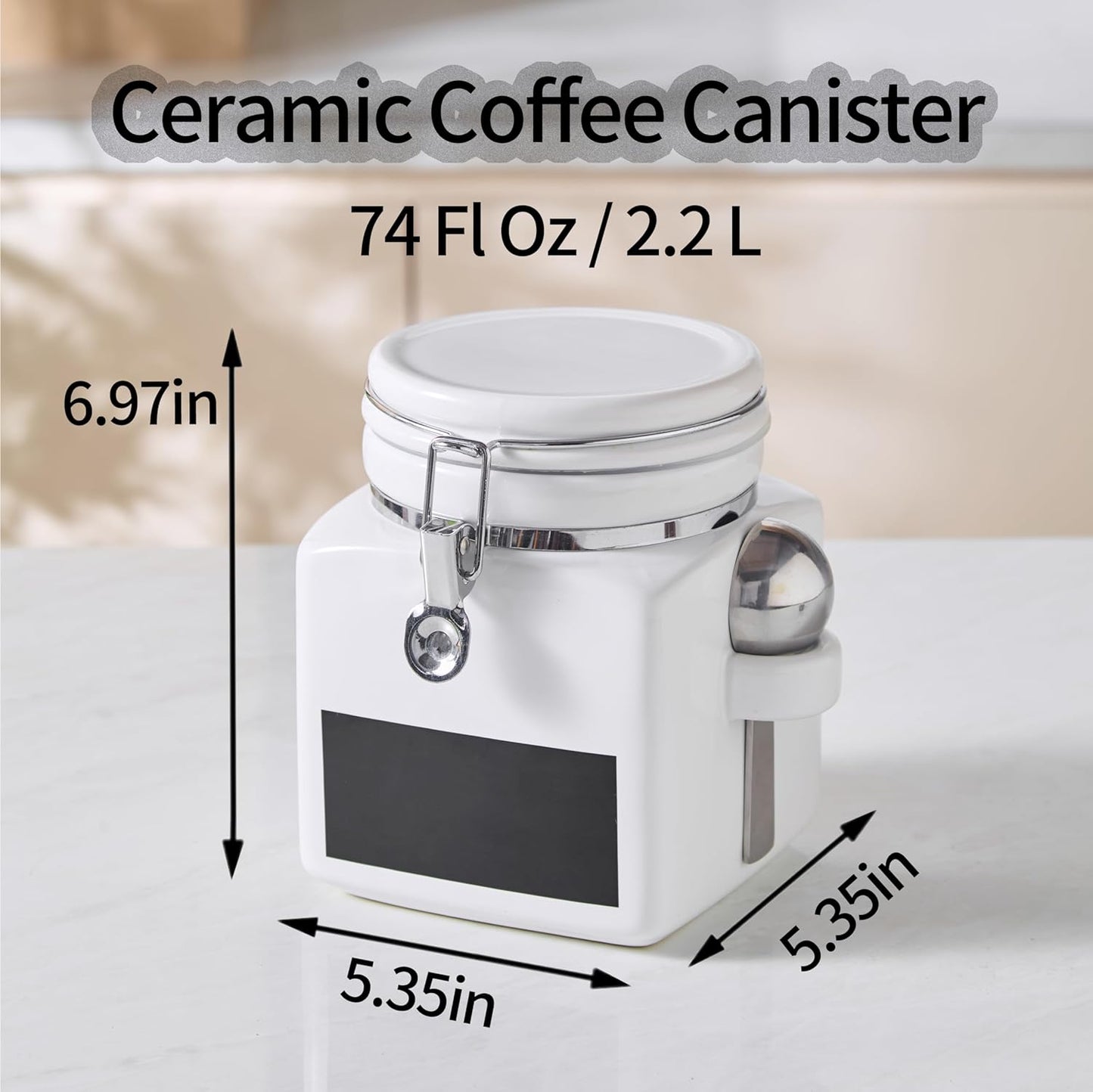 Ceramic Coffee Canister with Airtight Lid and Scoop, Large 74 Fl Oz / 2.2 L Kitchen Food Storage Container Jar for Grounds Coffee, Beans, Tea, Sugar, Flour, Cereal, Nuts, Cookie, White