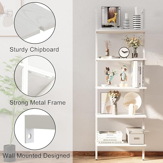 aboxoo Ladder Shelf 2 PCS White Bookshelf 5-Tier Wooden Open Shelf Wall-Mounted - Image 7