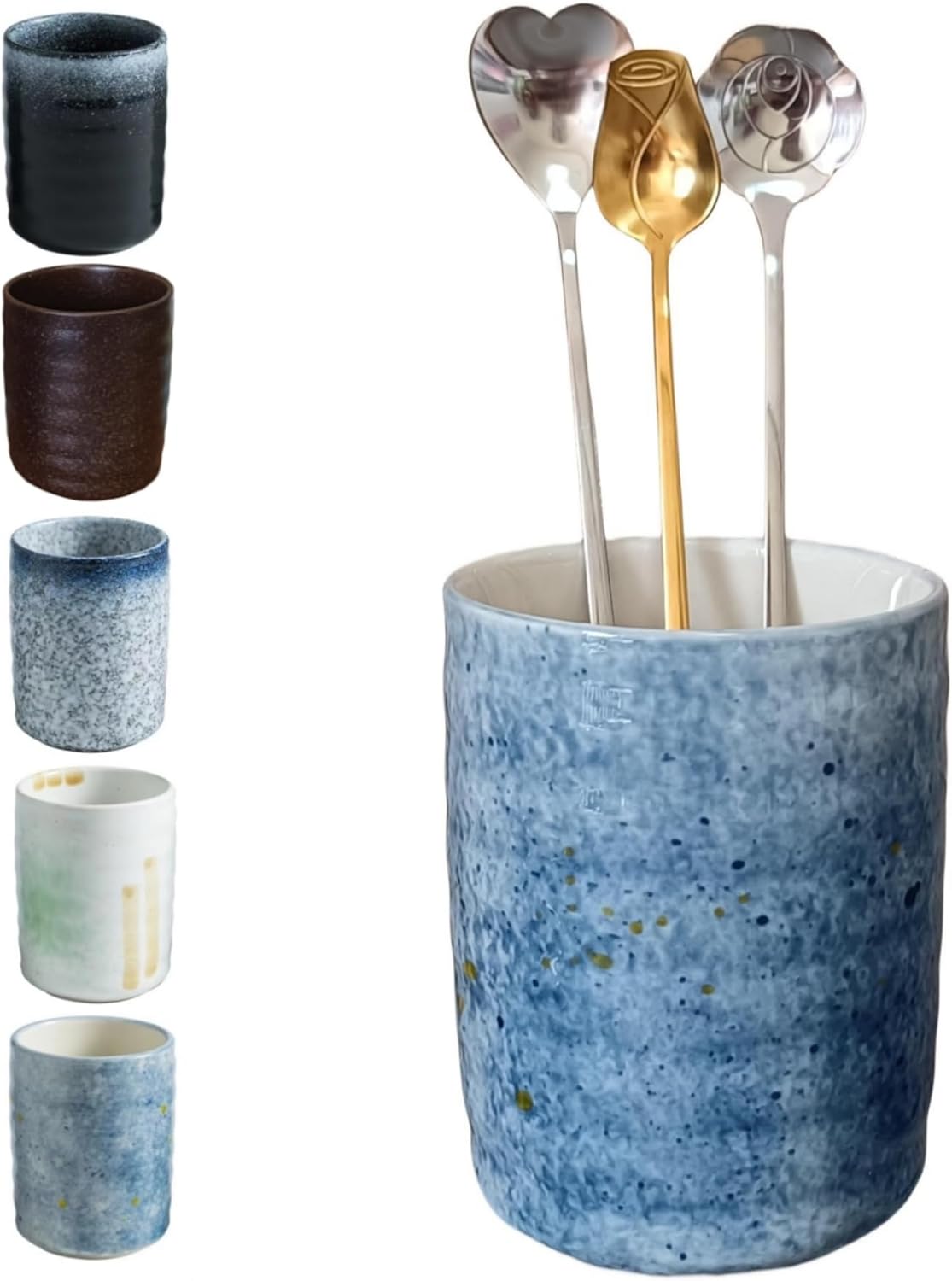 Stoneware Coffee Bar Utensil Holder Tea & Coffee Spoon & Stirrer Holder for Stir Stick Straw Teaspoon Holder Spoon Cup Small Utensil Jar (Sea blue)