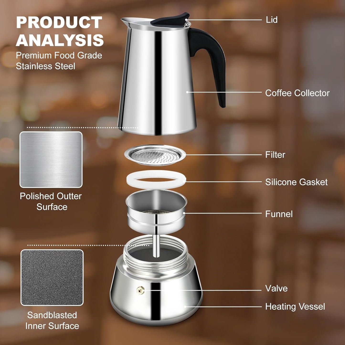 2 Cup Stovetop Espresso Maker Stainless Steel Moka Pot Stove Top Percolator Italian Coffee Makers Capable Mocha Greca Machine Cafe Classic Induction Cookers for Home and Camping 100ml 3.3oz