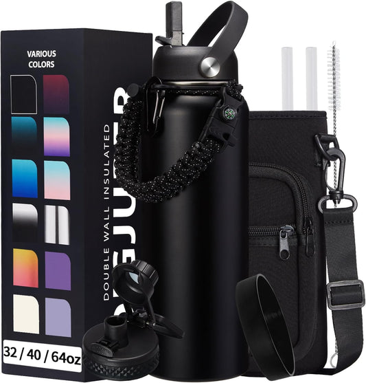 40OZ Insulated Water Bottle with Auto Spout Lids, Straw Lids, Paracord Handle for Sport, Protective Cup Mat, BPA-Free Reusable Insulated Water Bottle - Black Water Jug with Straw