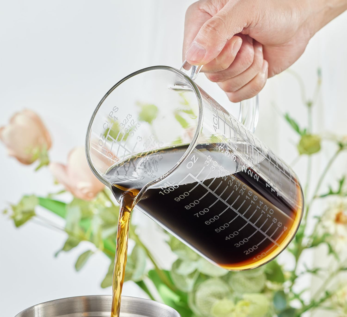 Ackers Mirror Etching Scale Glass Measuring Cup-[Insulated handle | V-Shaped Spout]-Made of High Borosilicate Glass Measuring Cup for Kitchen or Restaurant, Easy to Read, 1000 ML (32 Oz, 4 Cup)