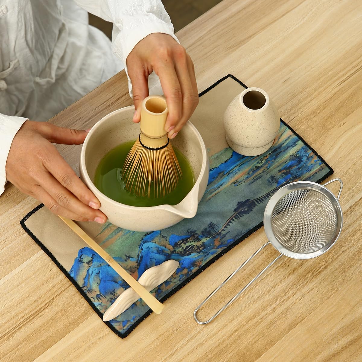 Matcha Set, 7 Pieces, Matcha Bowl with Spout, Whisk, Holder, Bamboo Scoop, Stainless Steel Sifter