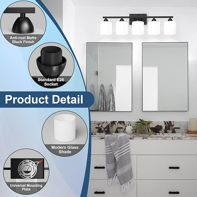 Black Bathroom Lighting Fixtures Over Mirror, 5-Light Anti-Rust Vanity Light - Image 3