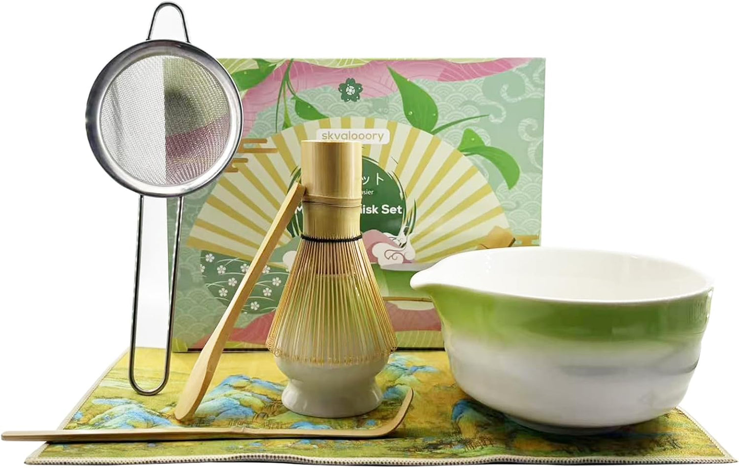 Matcha Whisk Set 7 Pcs Ceremony Kit - Gradient Glaze Ceramic Bowl, Bamboo Chasen & Holder, Sifter Scoop Gift for Matcha Lovers (Christmas/Birthday) (Green)