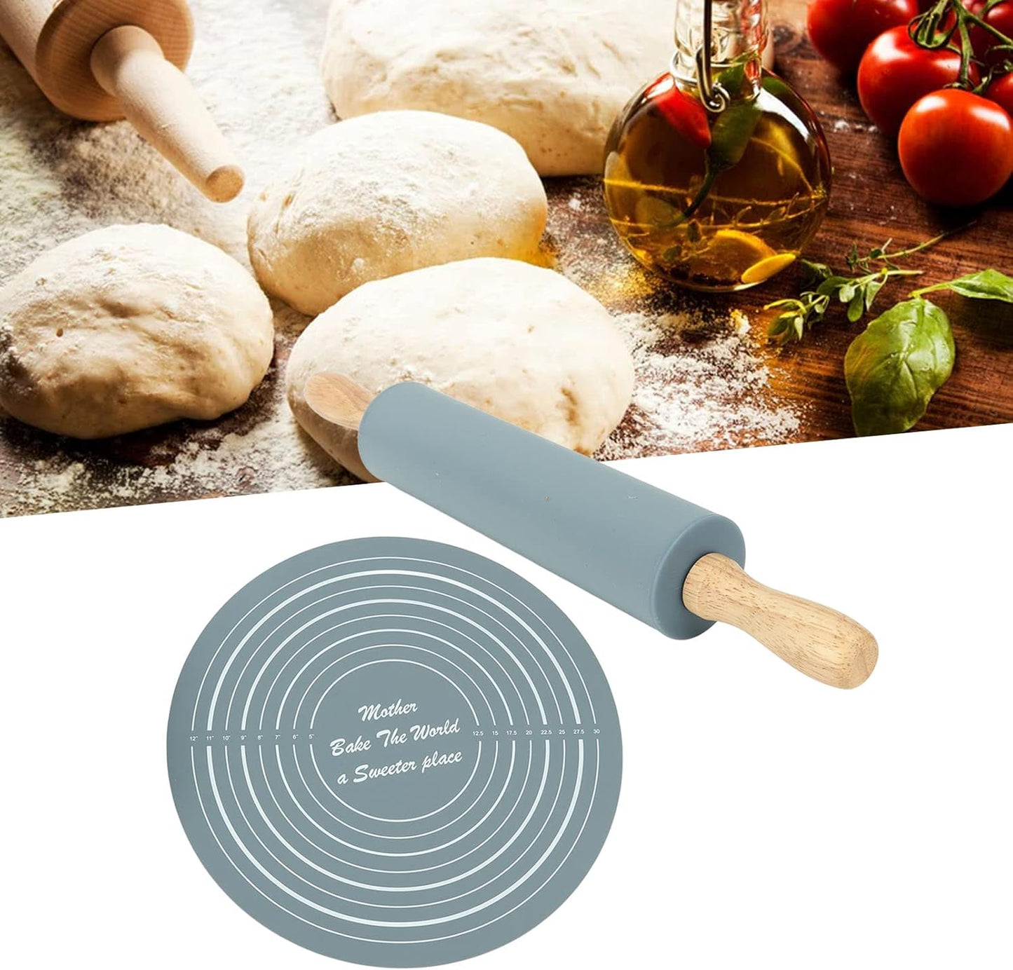 Large Silicone Rolling Pin Pastry Baking Mat Set for Kitchen (Grey)