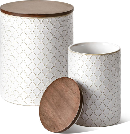 LE TAUCI Food Storage Containers with Airtight Lids, 78/25 oz Ceramic Sugar Canisters Sets, Embossed Large Jars for Pasta, Oats, Coffee Bean, Cookies, Rice, Grains, Tea - Set of 2, Fireworks