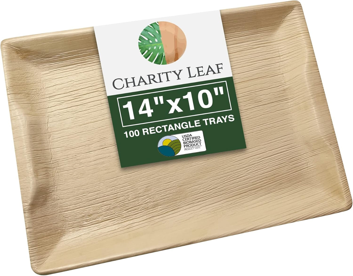 Charity Leaf Disposable Palm Leaf 14" x 10" Trays (100 Pieces) Bamboo Like Serving Platters, Disposable Boards, Eco-Friendly Dinnerware for Weddings, Catering, Events