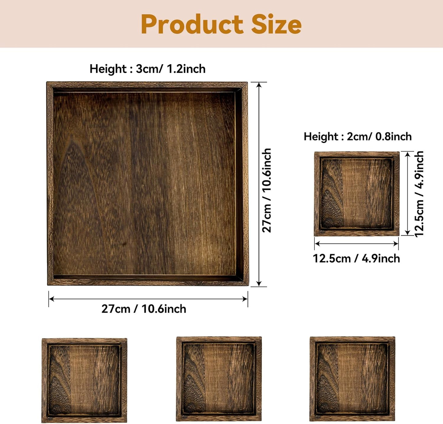 Rustic Wooden Serving Trays with Handle, Serving Platters, Charcuterie Board Set of 5 Nesting Food Trays for Serving Food, Home Decor/Breakfast/Coffee Table/Butler/Ottoman/Bed Tray