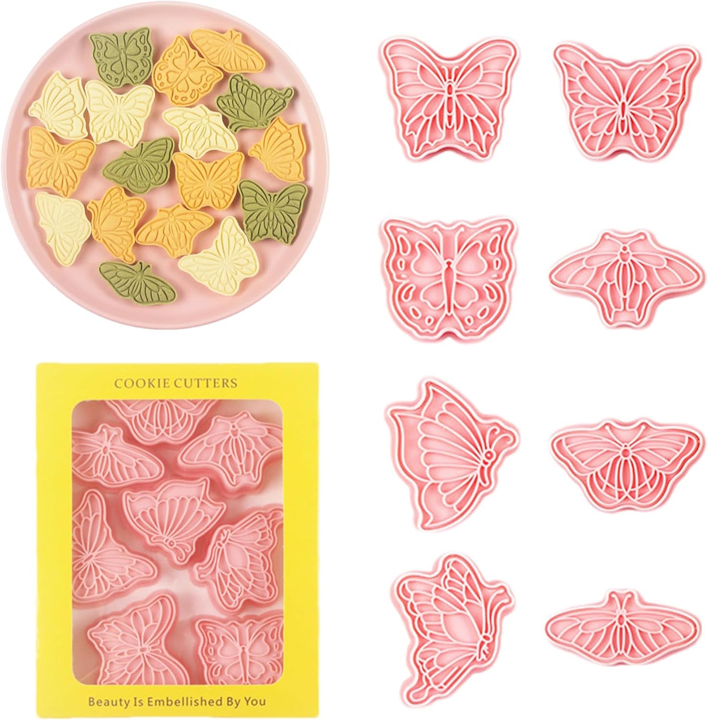 Butterfly Cookie Cutters 8 Pcs Plastic Biscuit Cutter Set 3D Pressable Cake Baking Fondant Embosser Stamps for Party Decoration Pastry Tools (F8)