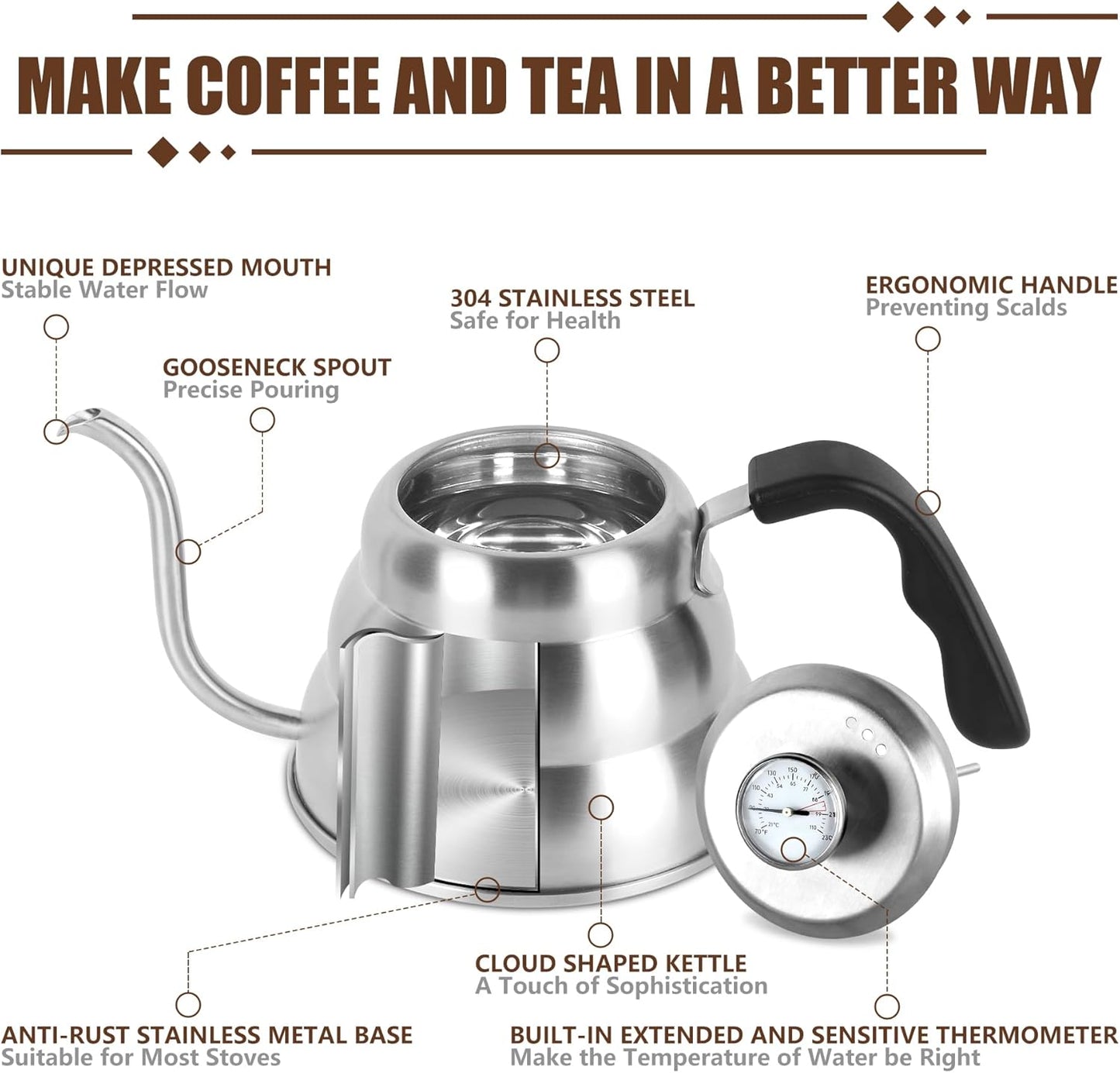 Pour Over Kettle for Manual Drip Coffee and Tea with Thermometer 28oz Gooseneck Kettle with Flow Control Stainless Steel Water Kettle for Stovetop,800ml,4 Cup,Silver,1Pack