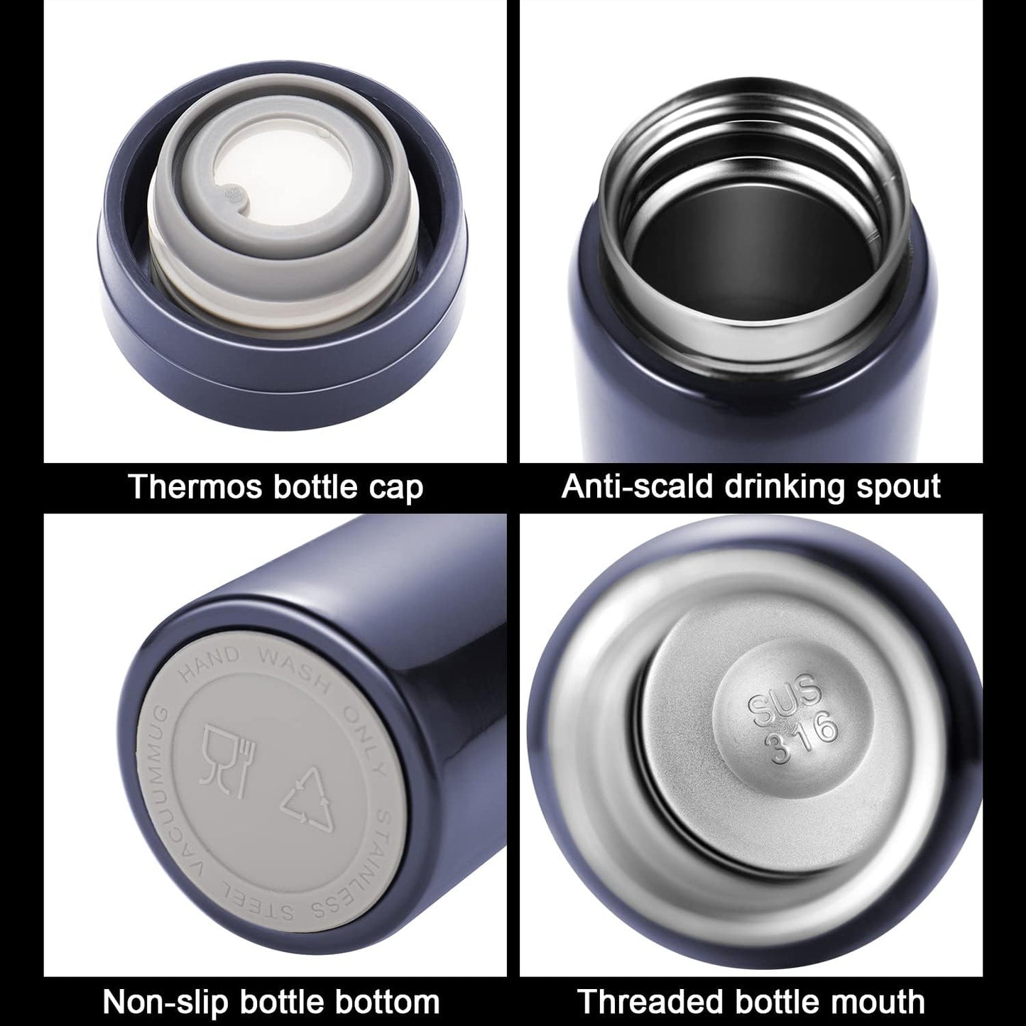 Mini Thermos Cute Water Bottle - 7 oz Tiny Insulated Vacuum 18/10 Stainless Steel Small Flask - Leak Proof & Spill Proof & Keeps Cold and Hot for Drink, Coffee, Tea - Blue