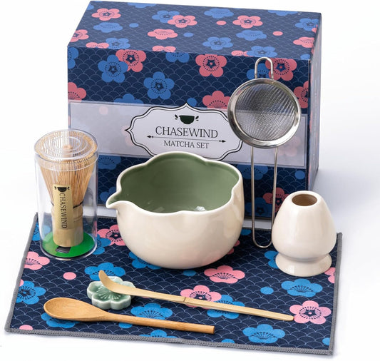 Matcha Set, 8Pcs Floral Ceramic Matcha Set with Matcha Whisk, Holder, Scoop, Scoop Rest, Sifter, Spoon and Tea Towel - Thoughtful Matcha Whisk Set Gift for Matcha Lovers (Beige & Green)