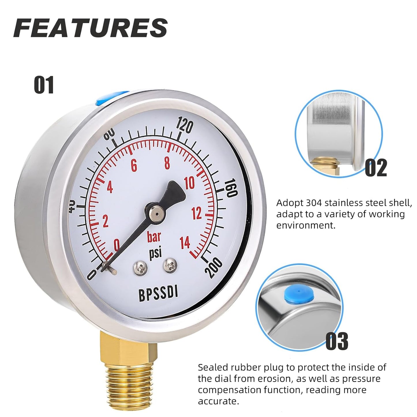 0-200 Psi Pressure Gauge, 2.5" Dial Size, 1/4" NPT Lower Mount, 304 Stainless Steel Case, Water Pressure Gauge Test for Pool Pump, Sand Filter, Air Compressor, Espresso(with Tape)