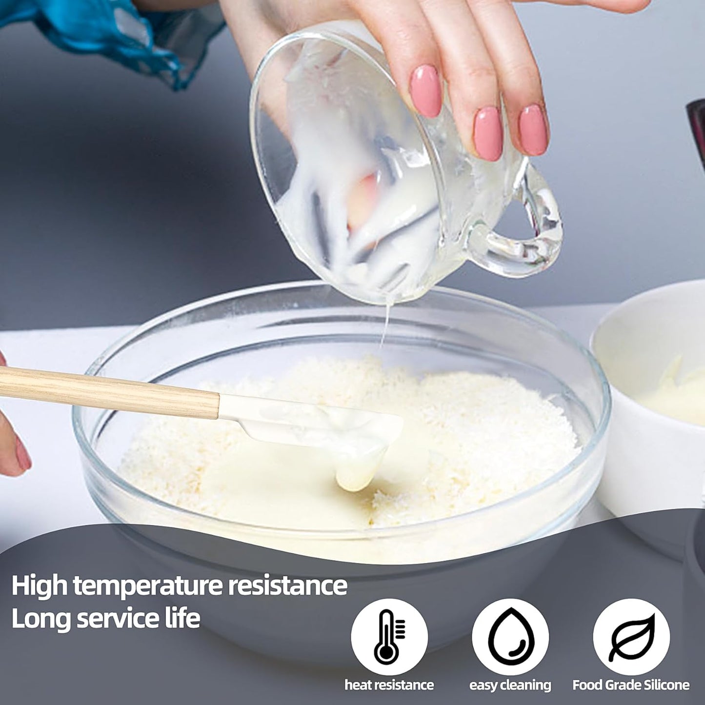 Wooden Handle Silicone Rubber Spatula Set for Kitchen Baking, Cooking, and Mixing High Heat Resistant Non Stick Dishwasher Safe BPA-Free Black+blue Set of 2 (Wooden Handle Spatula 4Piece)