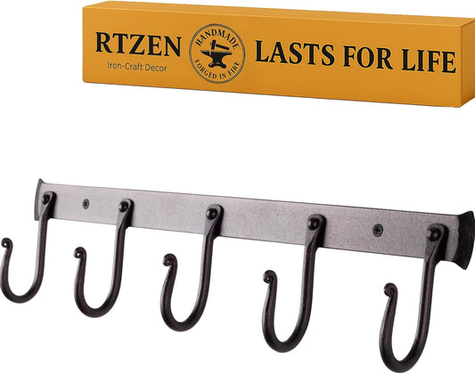 RTZEN Wall Mount Hook Set - Wrought Iron Decorative Rustic Metal Coat Hooks for Hanging - Handcrafted Classic Farmhouse Wall Mounted Black Hooks for Towel Robe or Hat Hanging - 5 Hook Rack
