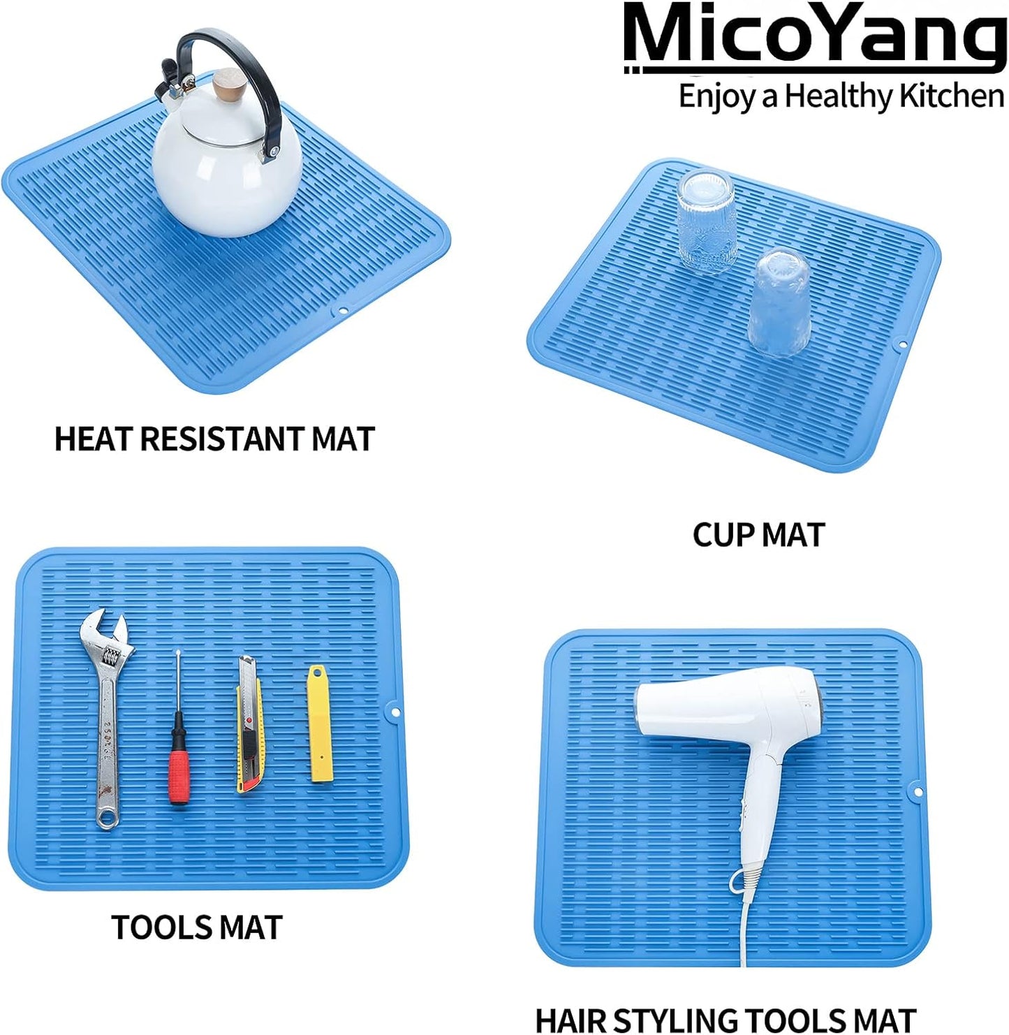 Silicone Dish Drying Mat for Multiple Usage,Easy clean,Eco-friendly,Heat-resistant Silicone Mat for Kitchen Counter or Sink,Refrigerator or Drawer Liner Lichen BlueL 2XL 24 inches x 18 inches