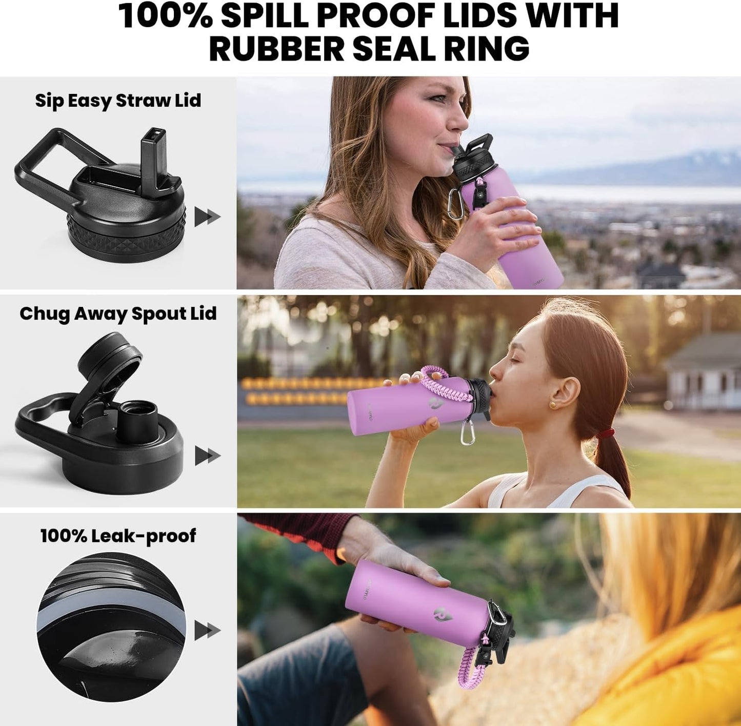 Insulated Water Bottle 40 oz, Triple Wall Vacuum Stainless Steel (Cold for 48 Hrs), Leak Proof & Non-BPA, Modern Water Flask Jug with Paracord Handle & Straw Spout Lids, Lilac