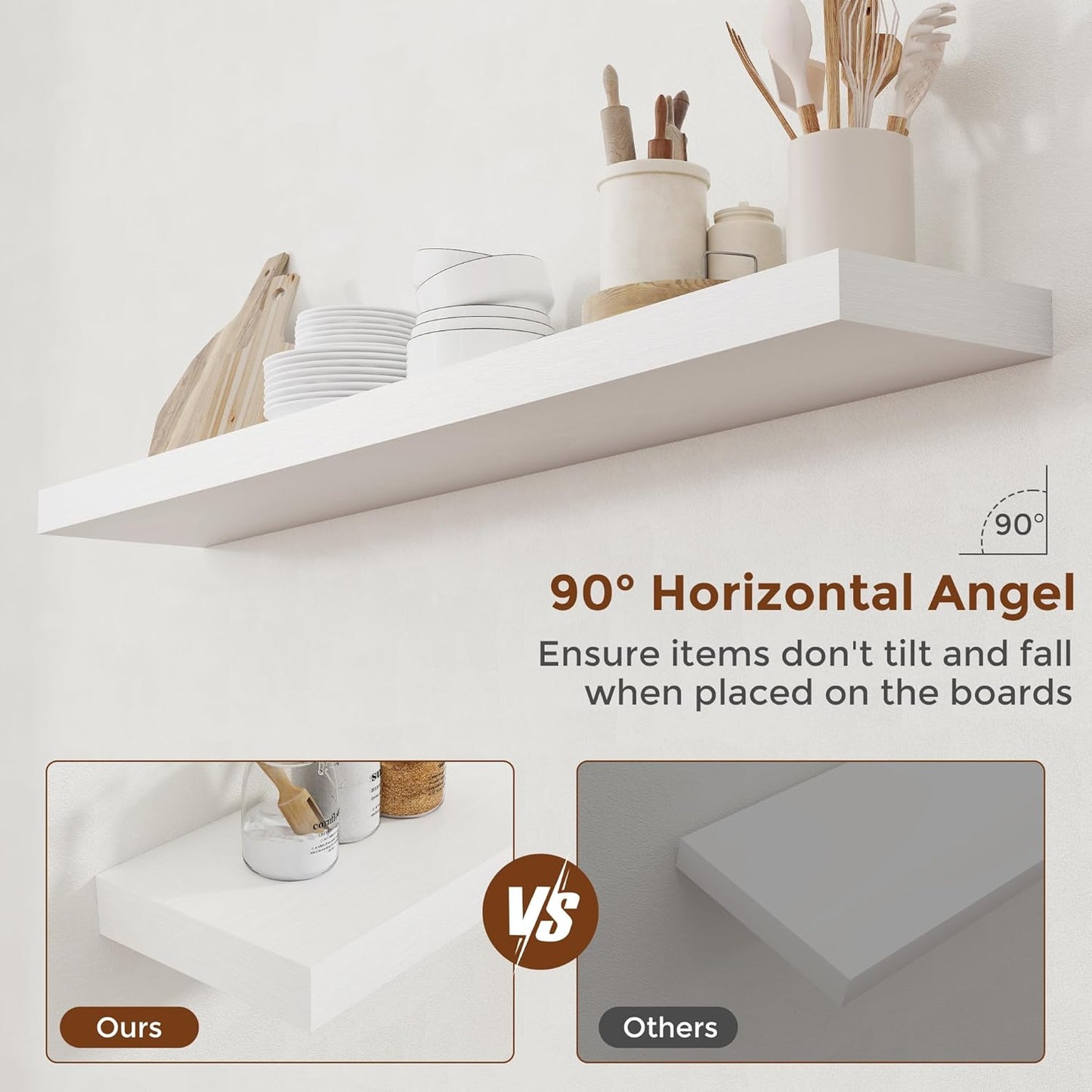 Heimlove 55 Inch Floating Shelves for Wall 8 Inch Deep White Shelves Set of 2,Wall Mounted Rustic Wood Long Floating Shelf，Large Extra Display & Storage Shelf with Invisible Brackets