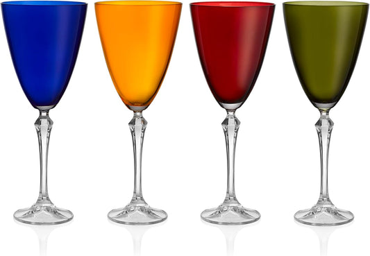 Barski Wine Glass - Set of 4 - Assorted Colored Cup - for Water - White or Red Wine - 9 fl. Oz. - Clear Stem - Glasses - Made in Europe