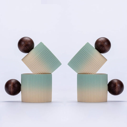 Ceramic Mini Espresso Cups Demitasse Cups with Round Wooden Handle Vertical Stripes Tea Cups (Beige&Green, 4pcs)
