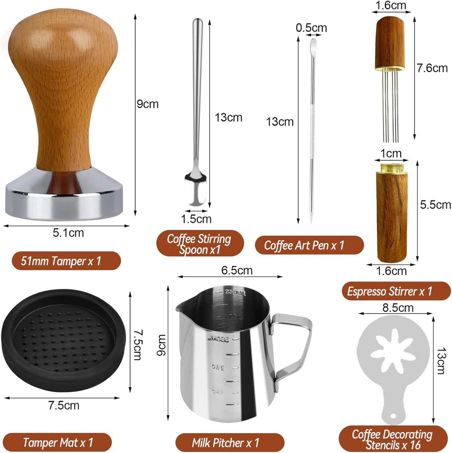 22 PCS Espresso Tamper Set, Espresso Accessories Barista Kit with 51mm Coffee Tamper, WDT Tool, Frothing Pitcher, Latte Art Pen, Coffee Stirrer, Tamper Mat, 16 Coffee Stencils for Espresso Machine
