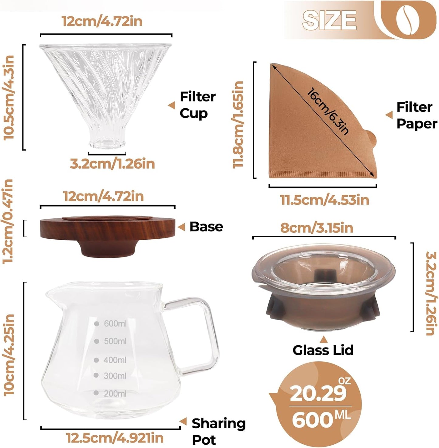 Pour Over Coffee Maker 600ml Borosilicate Glass Drip Coffeemaker Server Set with 100pcs V60 Cone Paper Filters Walnut Collar Glass Lid Clear Hand Brew Dripper Carafe for Home Camping Travel 20.29oz