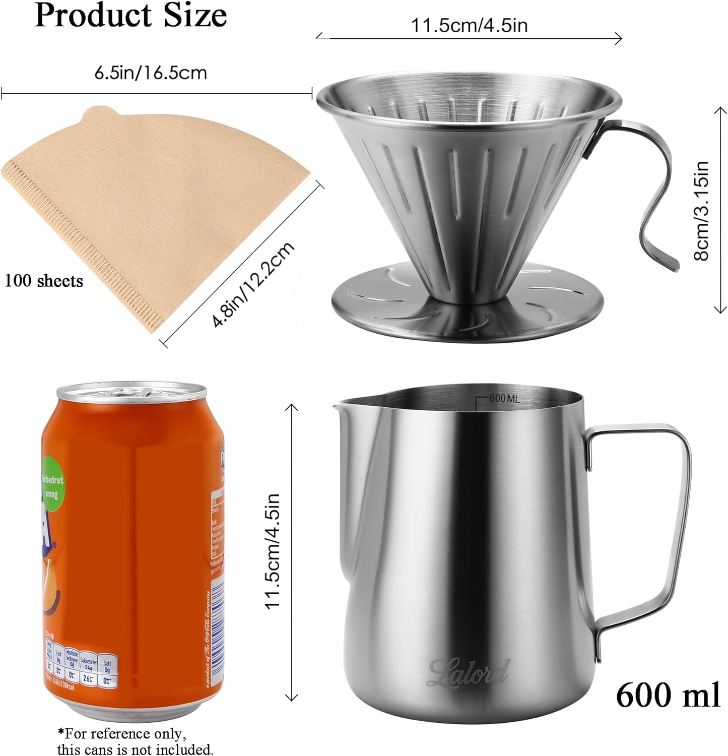 Pour Over Coffee Maker, 304 Stainless Steel wIth 100 pcs Size 02 Cone Paper Filters & 600ml Milk Frothing Pitcher, for Home & Camping