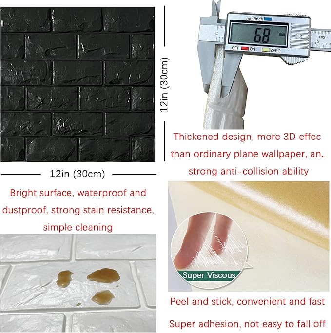 YU LI 3DH 3D Wall Panels Peel and Stick 30PCS Black Foam Brick Wallpaper - Image 5