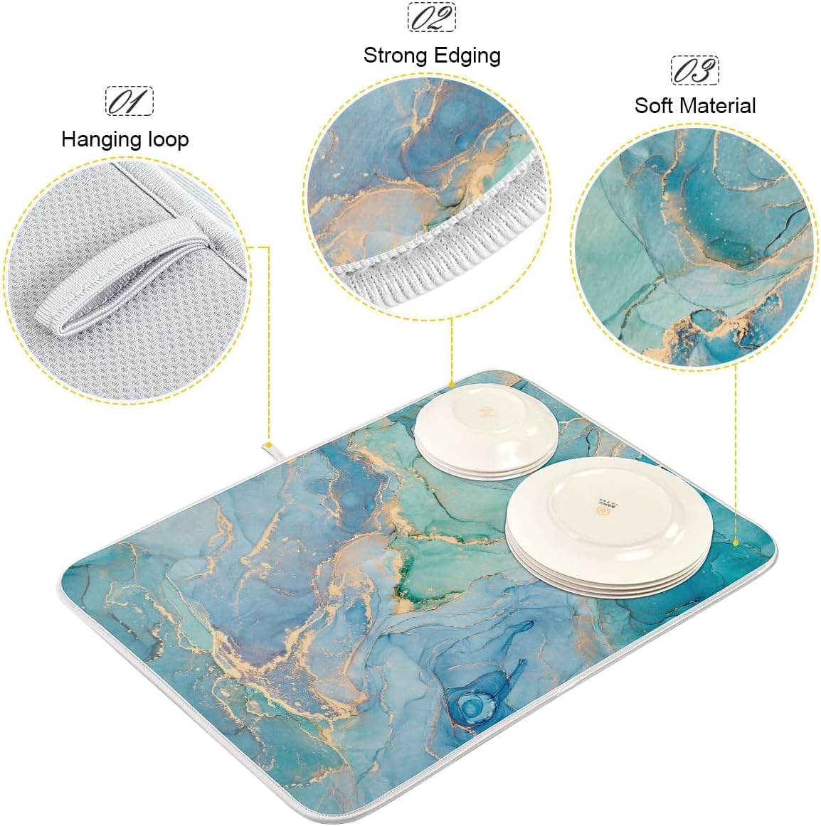 Marble Dish Drying Mat for Kitchen Counter Blue Teal Turquoise Gold Drying Mat 18 x 24 Inch with High Absorbent Reversible Microfiber Dish Drying Pad Dish Rack Pad Drainer Mat for Coffee Bar