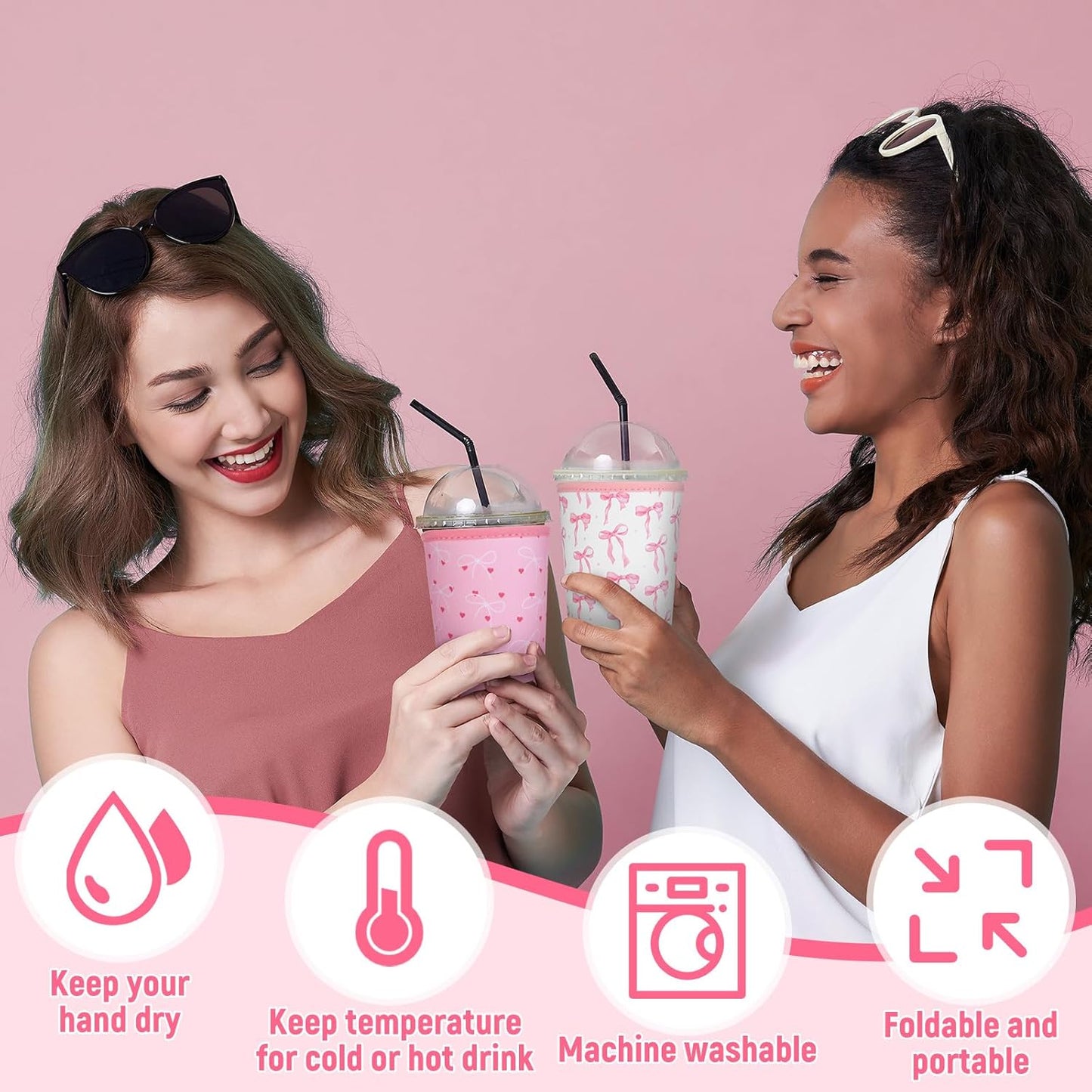 8 Pcs Reusable Sleeves for Iced Coffee Cup Pink Bow Cup Coolie Coquette Bow Reusable Coffee Insulator Sleeves Neoprene Insulated Holder for Iced & Hot Drinks, 22-24 oz