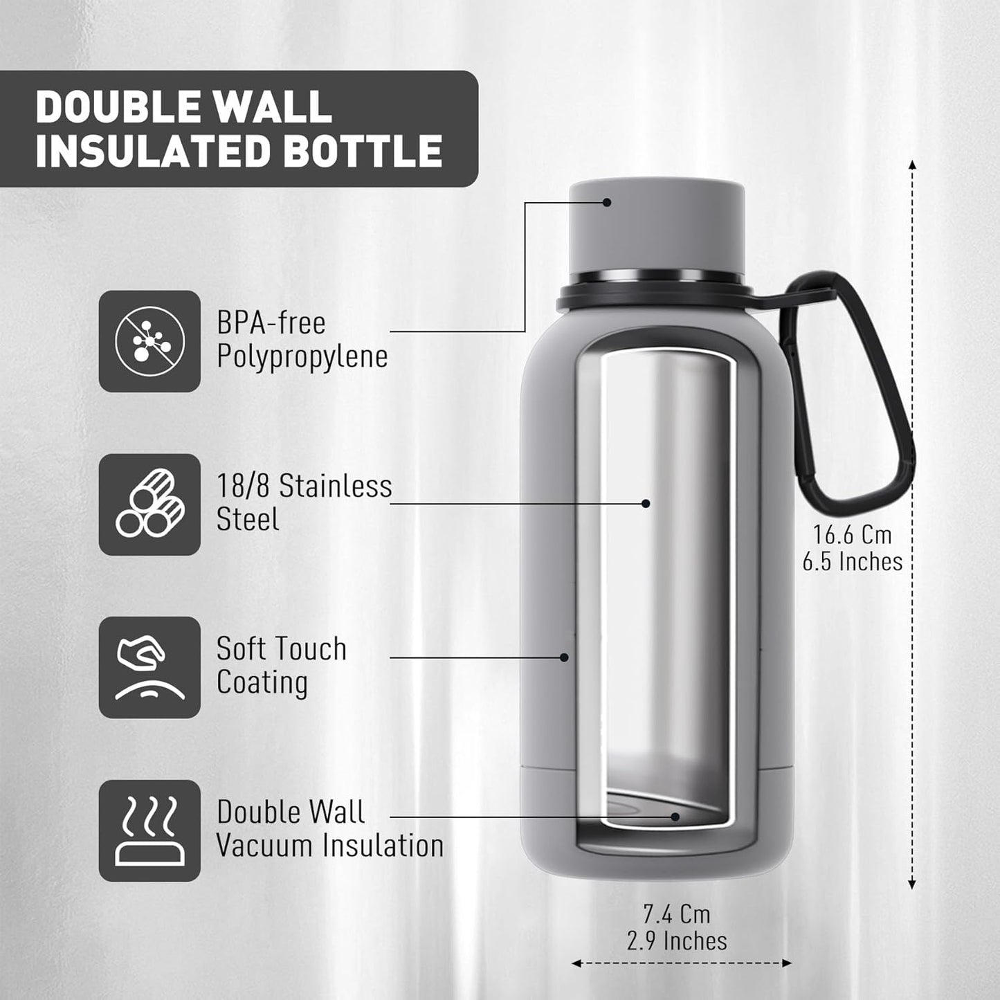 Small Water Bottle 12oz with Clip, Double Wall Stainless Steel Vacuum Small Insulated Water Bottle Keeps Drinks Cold 24 Hrs/Hot 12 Hrs for Kids Handbag School BPA Free (Grey)