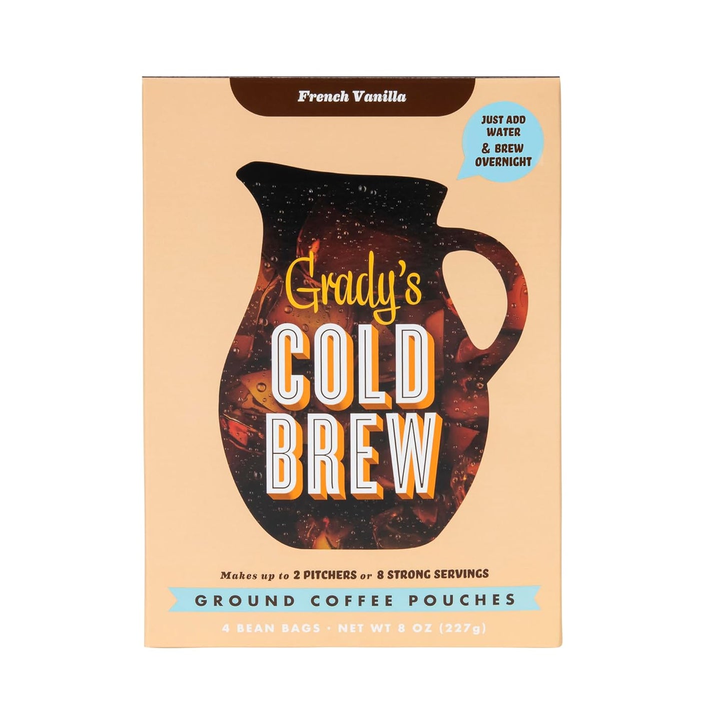 GRADY’S COLD BREW, French Vanilla, 100% Arabica Ground Coffee & Chicory Pouches, ONE Box with 4 Easy-to-Brew Bean Bags, Makes 12 drinks