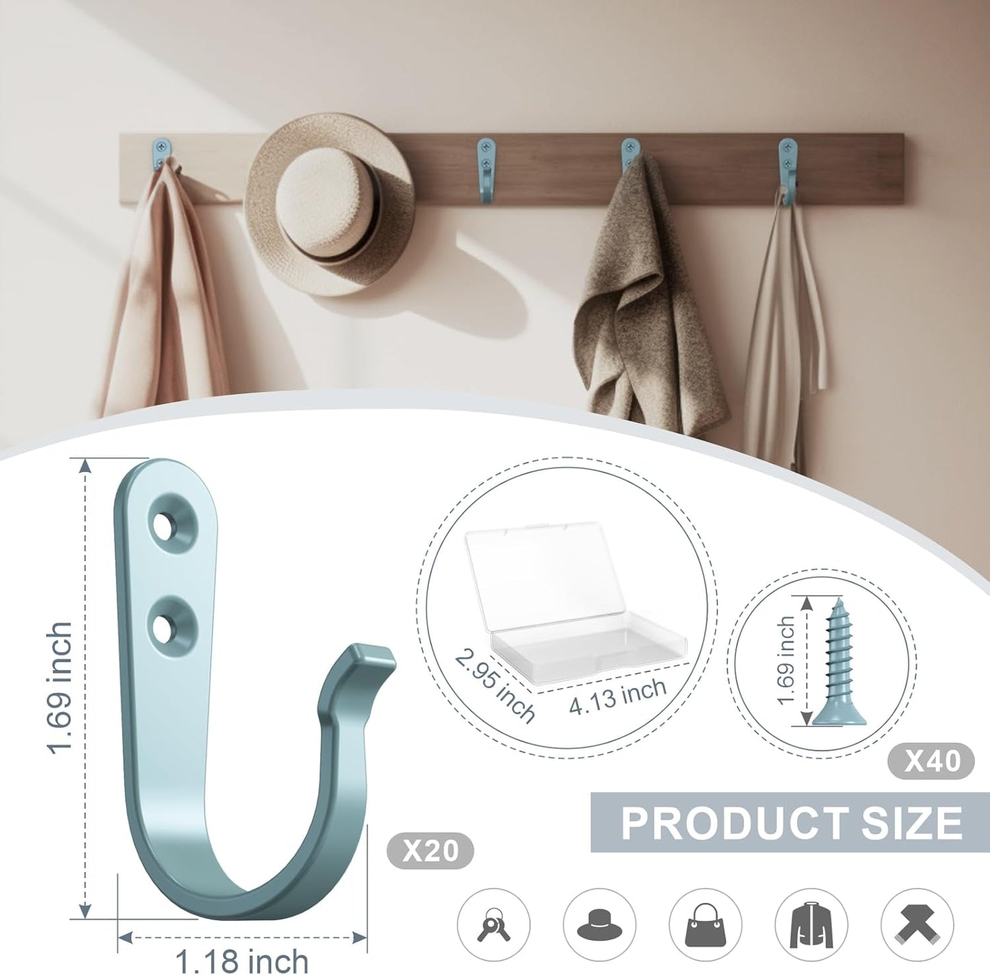 20PCS Heavy Duty Metal Wall Hooks, Coat Hooks for Hanging - Single Prong with 40 Screws (Coats Towels Backpacks) - Light Blue