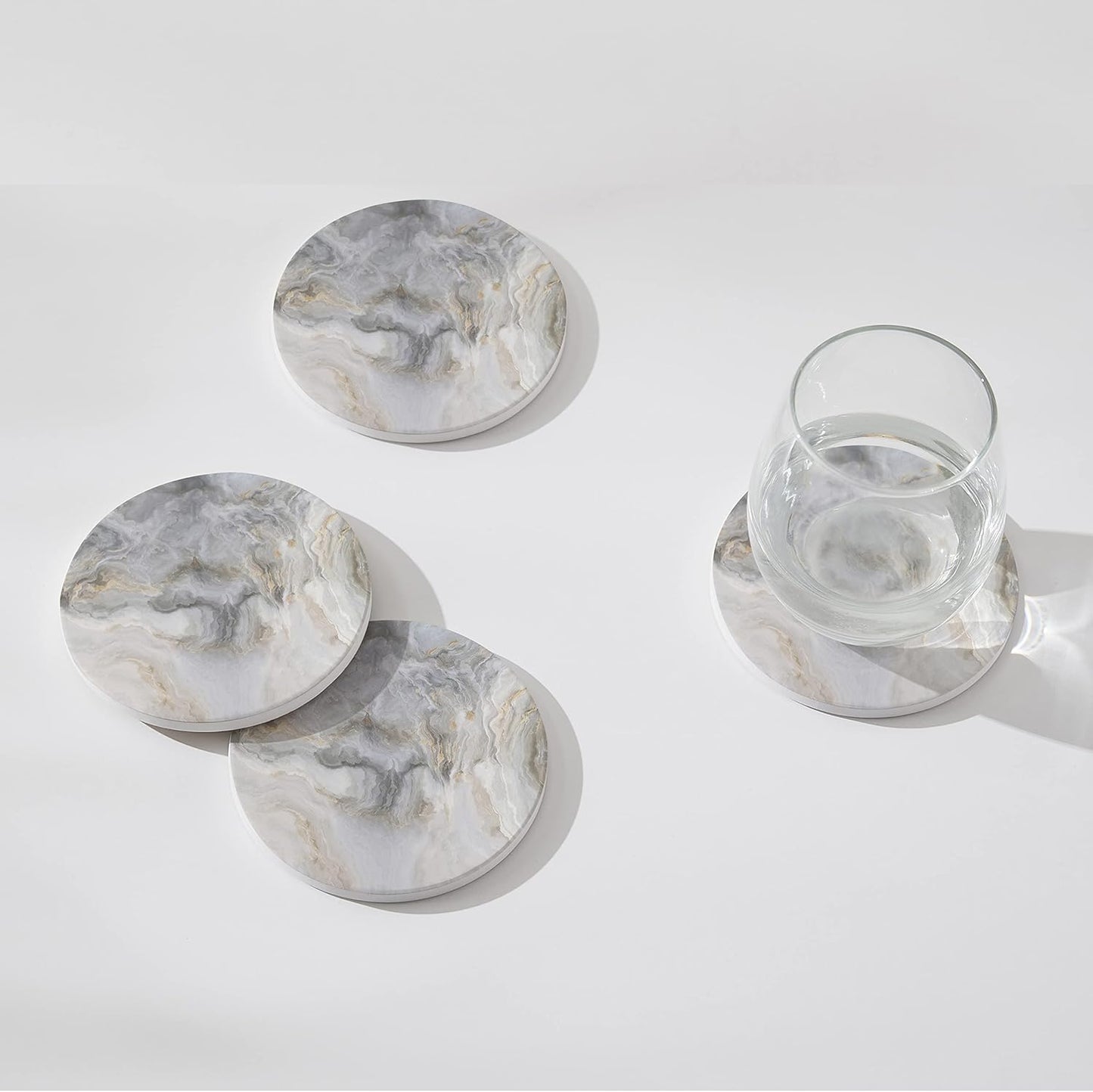 Set of 6 Abstract Gray White Marble Coasters with Holder, Absorbent Ceramic Coasters for Drinks, Coasters with Cork Backing for Table Protection, Housewarming Gifts for New Home