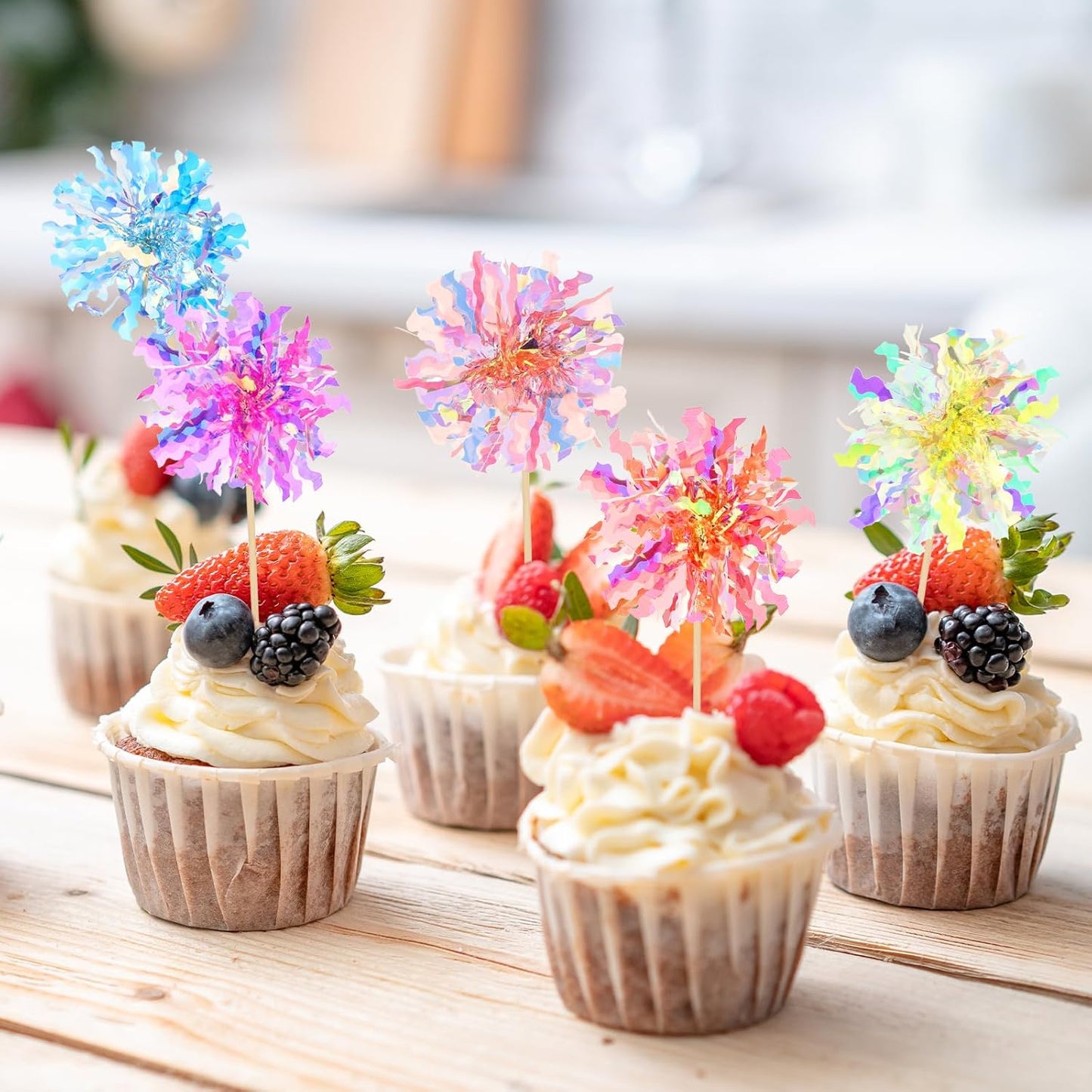 14Pcs Foil Firework Cupcake Toppers, Sparkle Tinsel Cake Toppers, Tinsel Drink Cake Decoration, Cocktail Food Fruit Toothpick for Cake Decoration Party Supplies