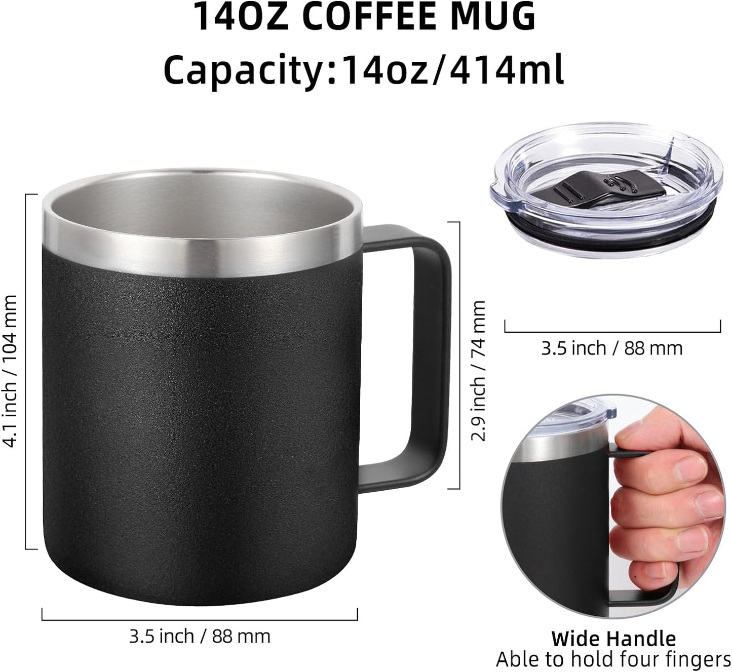 Volhoply 14oz Insulated Stainless Steel Coffee Mug with Lid Bulk 4 Pack,Double Wall Vacuum Travel Coffee Cup with Handle,Reusable Metal Cups Tumbler,Camping Mugs Keep Hot,Ideal Gifts(Black,4)