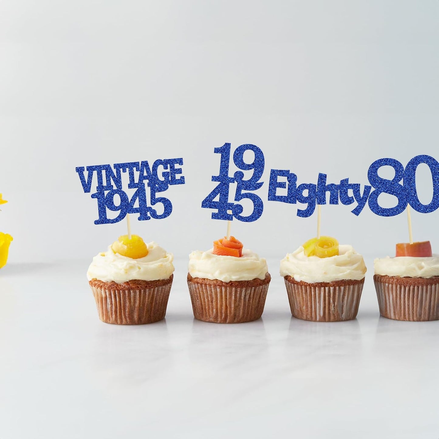 Gyufise 24Pcs Vintage 1945 Cupcake Toppers Glitter Cheers to 80 Fabulous Eighty Cupcake Picks 80th Birthday Wedding Anniversary Party Cake Decorations Supplies Deep Blue