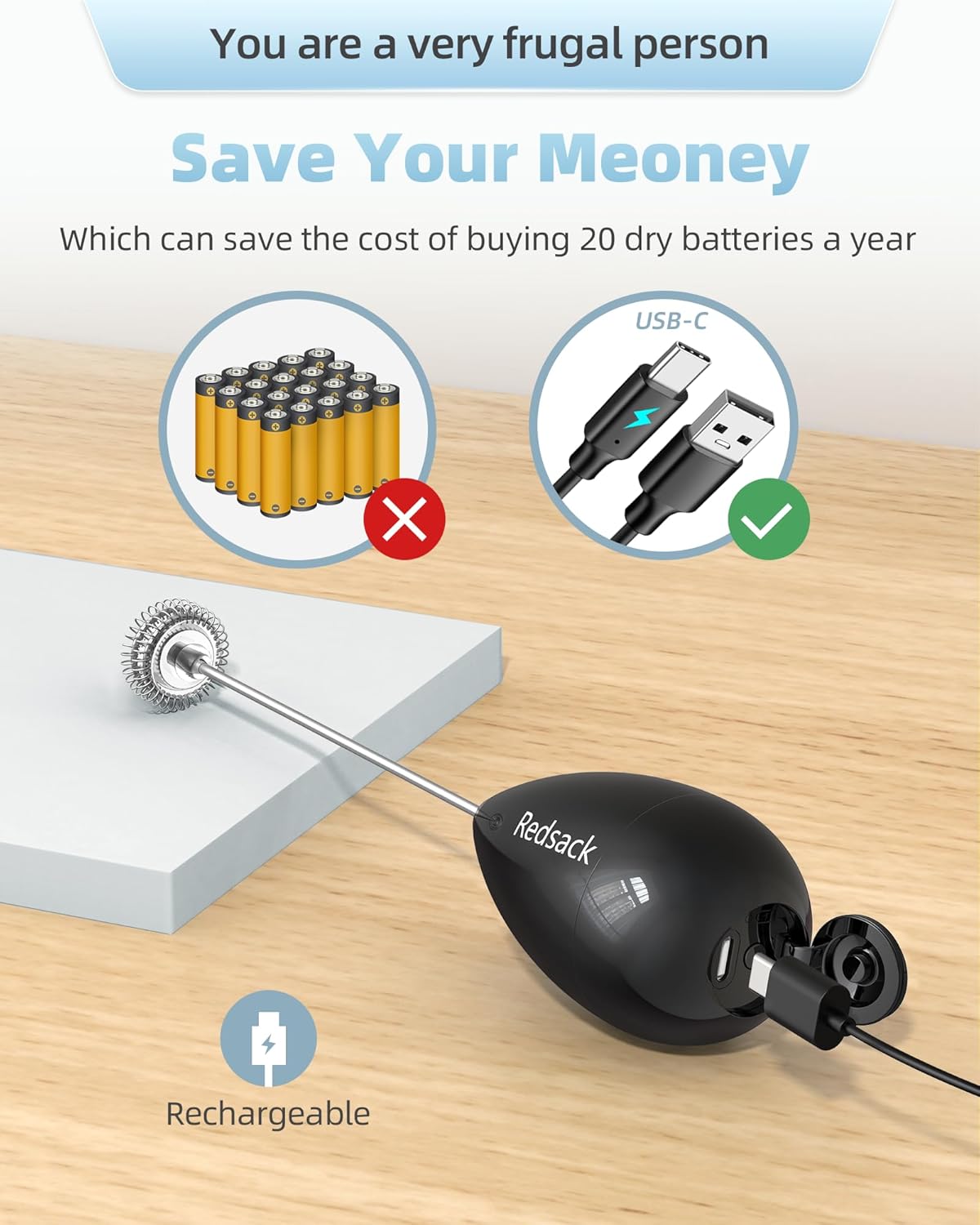 Rechargeable Milk Frother Handheld, Travel Portable Frother Wand for Coffee, USB C Electric Whisk with Stand & Case, Waterproof Hand Drink Mixer for Lattes, Cappuccino, Matcha, Egg (Black)