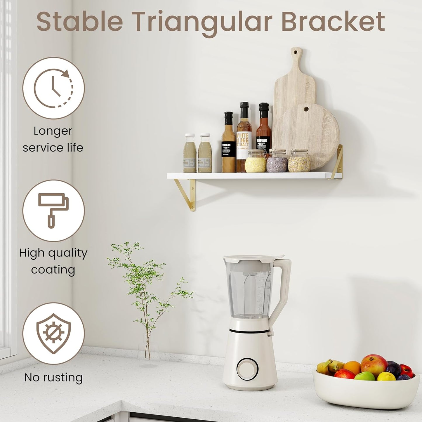 Deep Floating Shelves for Wall, 24W x 8D Wall Mounted Shelves Set of 2, Wide Display Ledge Shelf with Sturdy Metal Brackets for Living Room, Bathroom, Bedroom and Kitchen, White with Gold Brackets