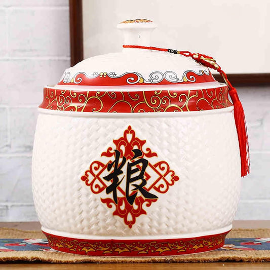 Chinese Sealed Large-Capacity Rice Pot, Ceramic Rice Bucket With Tassel Design, Grain Storage Ceramic Container, Rice Dispenser Airtight Storage Bucket For Grains Snacks Candy Coffee Beans Food(F,Capa