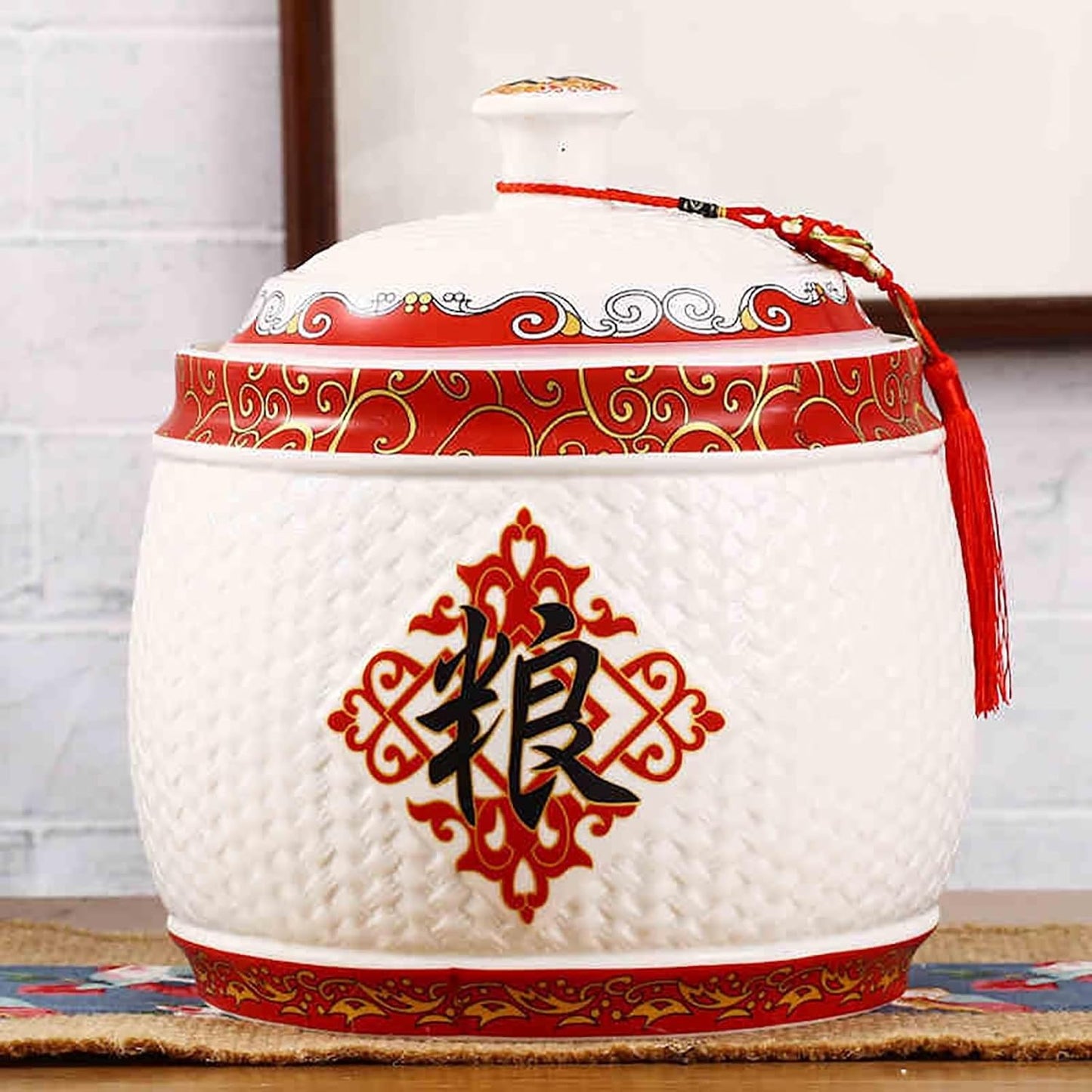 Chinese Sealed Large-Capacity Rice Pot, Ceramic Rice Bucket With Tassel Design, Grain Storage Ceramic Container, Rice Dispenser Airtight Storage Bucket For Grains Snacks Candy Coffee Beans Food(F,Capa