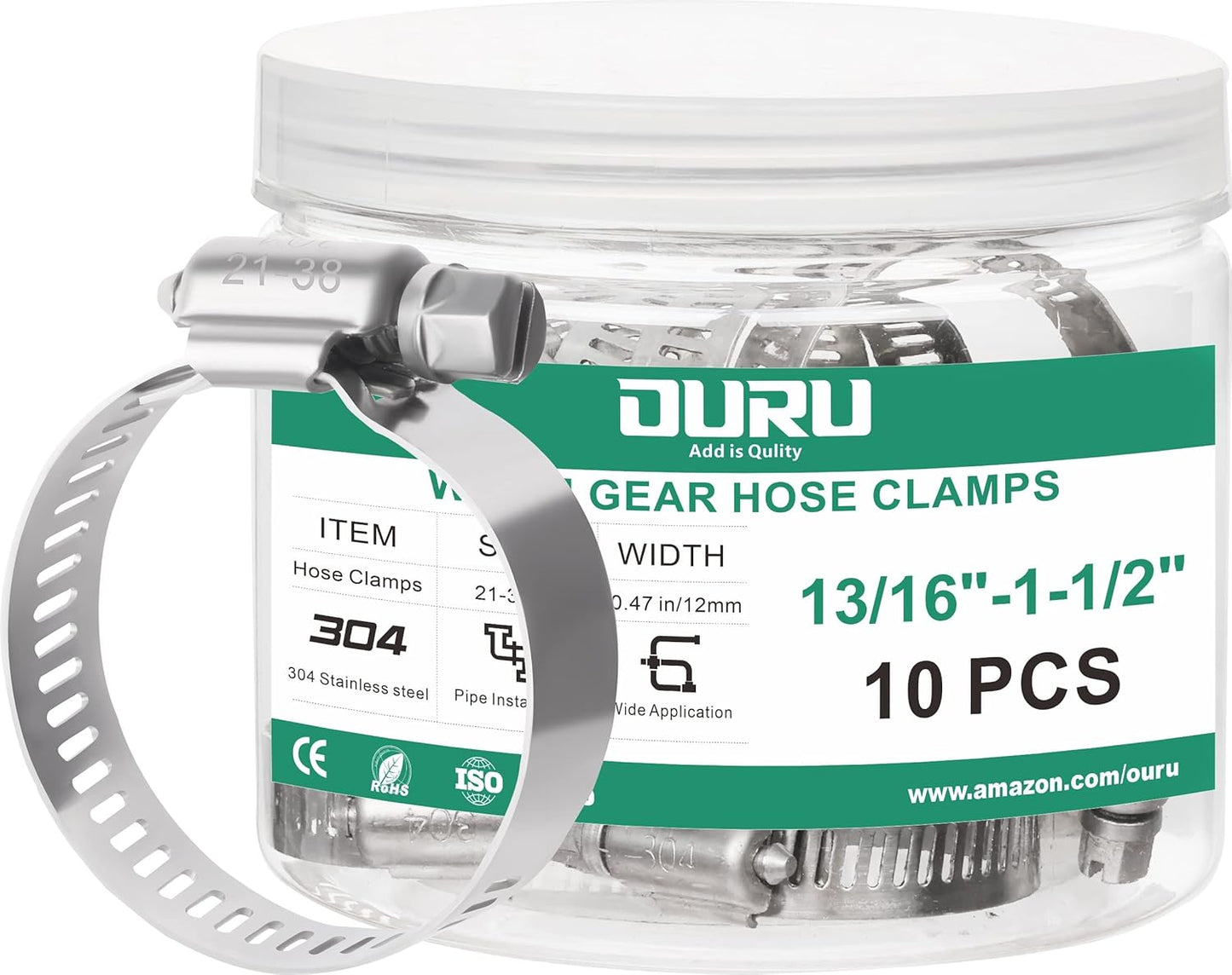 10PCS Hose Clamps Stainless Steel Adjustable 13/16"– 1-1/2"(21-38mm) Worm Gear Hose Clamp, Heavy Duty Metal Small Hose Clamps for Automotive, Pipe, Radiator Plumbing, Fuel Line