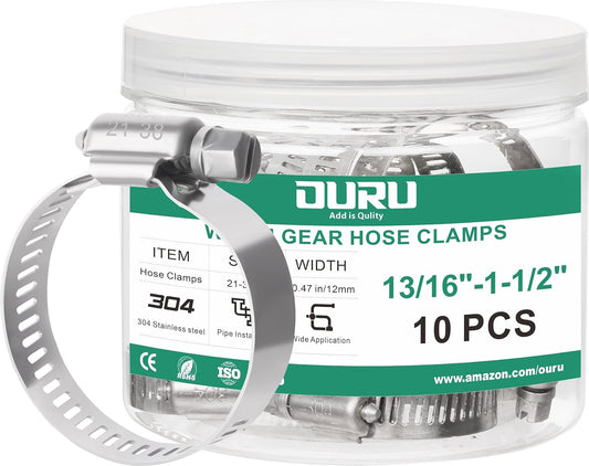 10PCS Hose Clamps Stainless Steel Adjustable 13/16"– 1-1/2"(21-38mm) Worm Gear Hose Clamp, Heavy Duty Metal Small Hose Clamps for Automotive, Pipe, Radiator Plumbing, Fuel Line