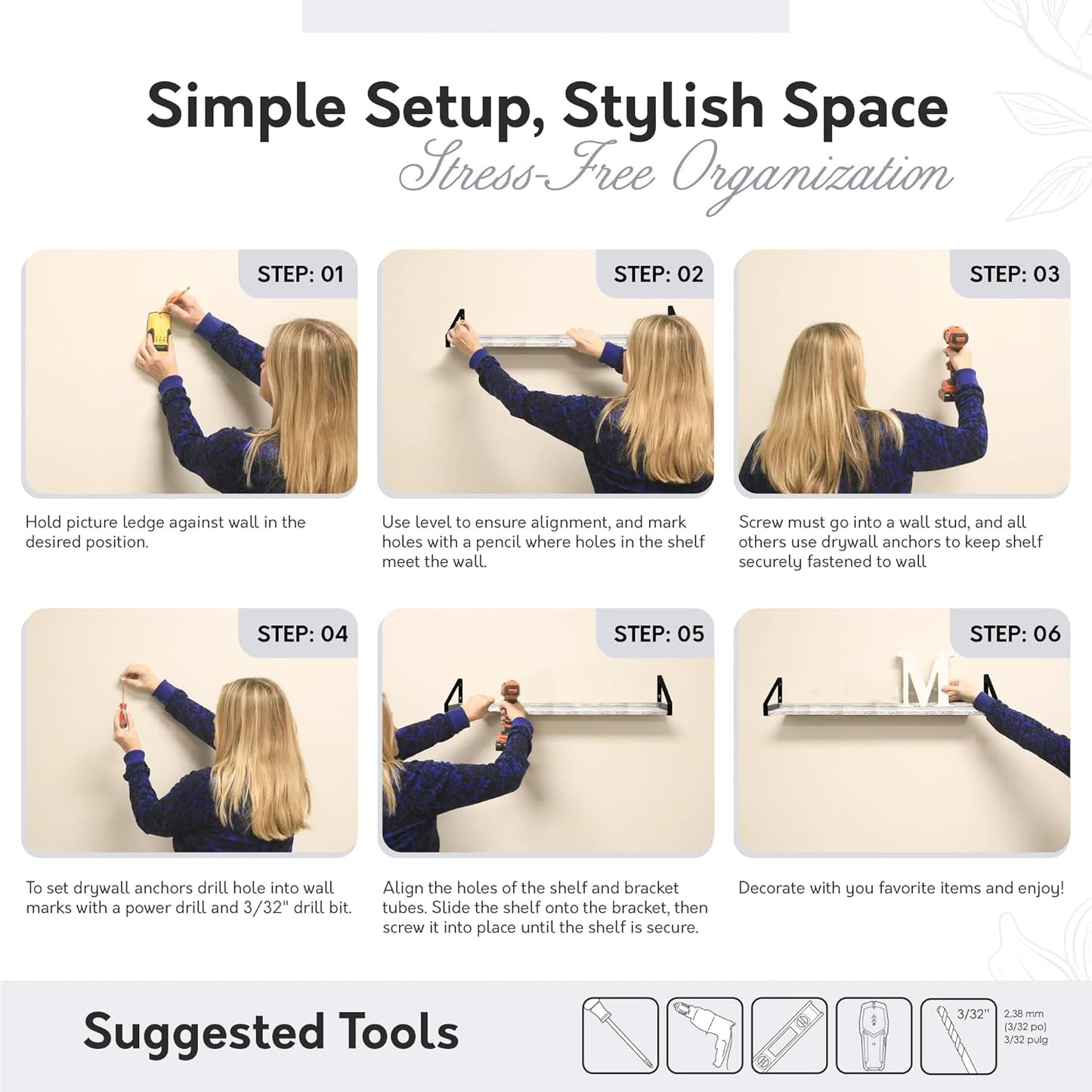 InPlace Shelving, Wall Mounted Real Solid Wood Rustic Bracket Ledge, 5" D x 60" W x 6.1"H, Distressed White, 9602101E