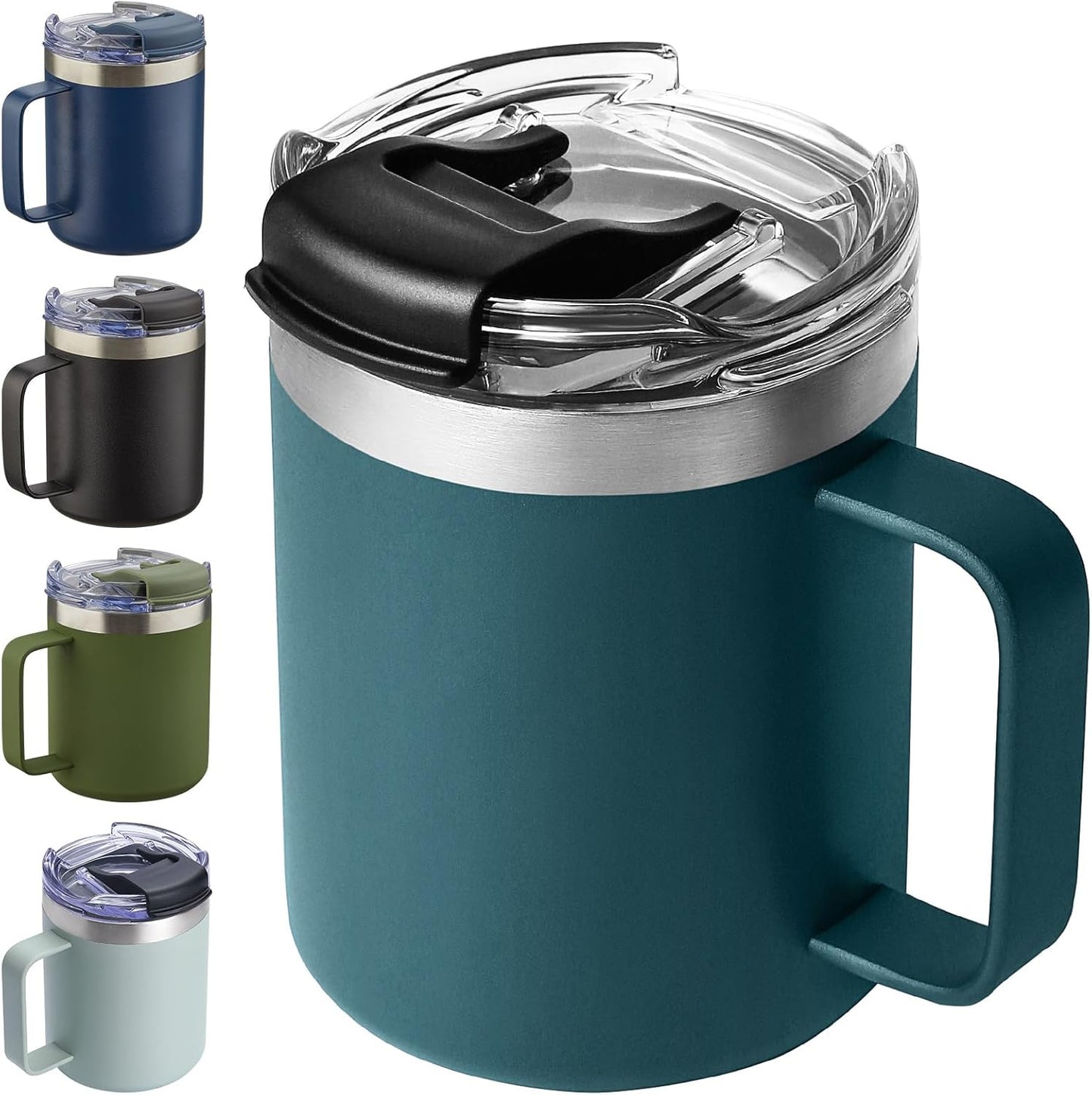 ALOUFEA 12oz Insulated Coffee Mug Cup with Handle, Stainless Steel Travel Coffee Mug with Flip Lid, Double Wall Vacuum Coffee Tumbler,Ocean Teal