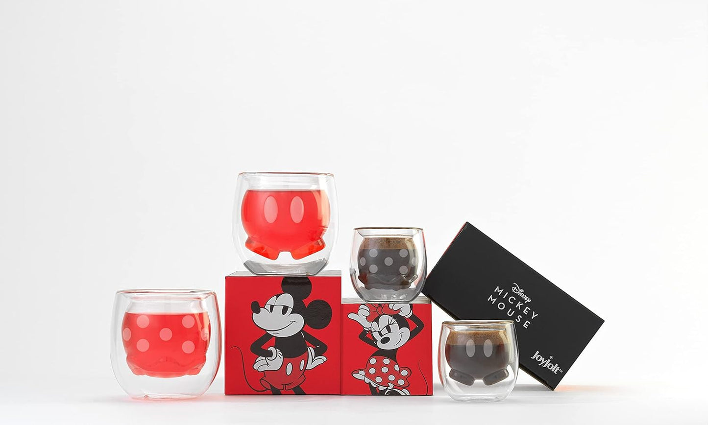 JoyJolt Mickey Pants and Minnie Skirt 3D 7.4oz Double Wall Glass Coffee Cups Set of 2, Disney Coffee Mug, Espresso and Tea Cups, Collection of Double Wall Glasses, Disney Gifts