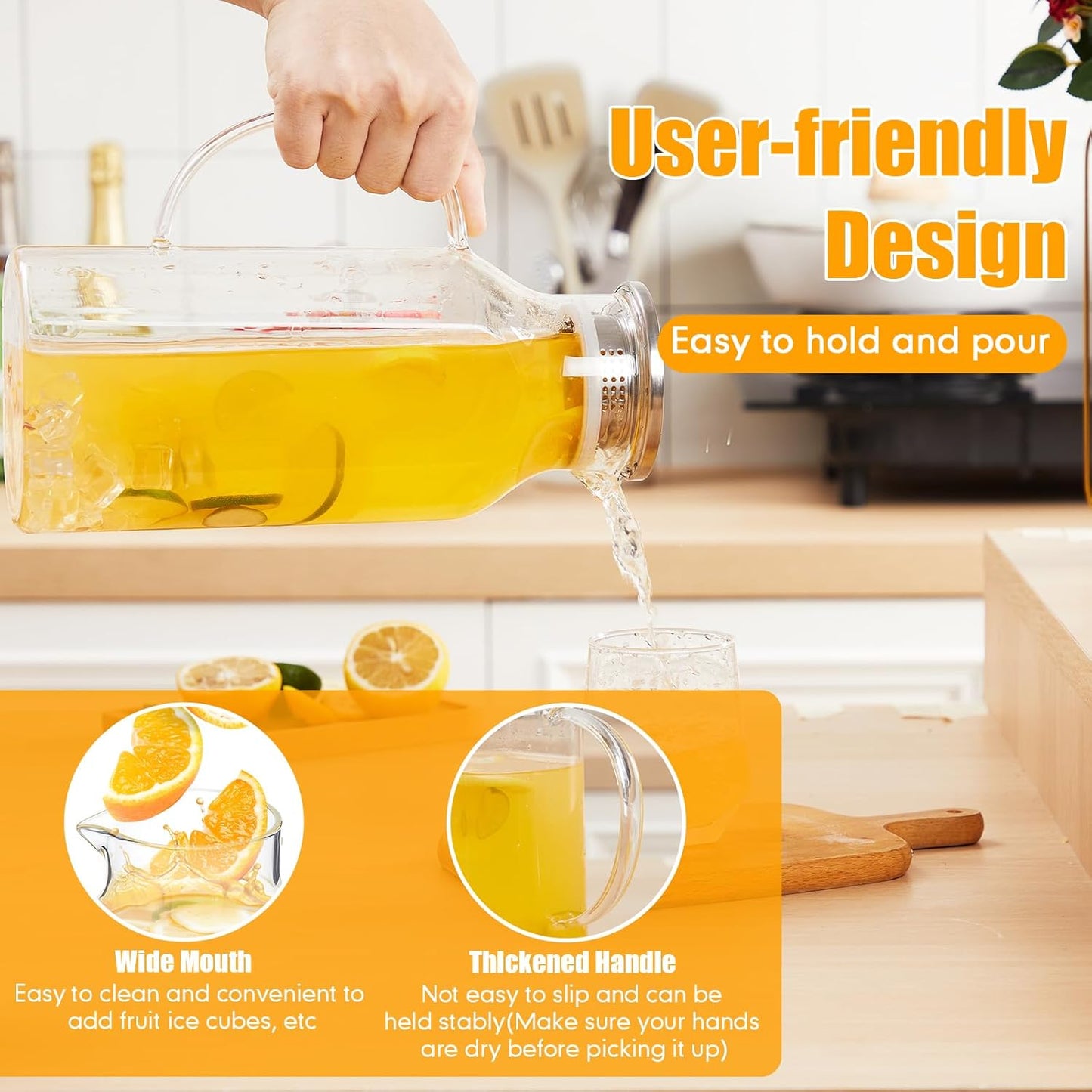 Honeydak 2 Pack 2.5 L/ 85 oz Glass Pitchers with Lids and Handles for Fridge Clear Iced Tea Pitchers with Spout Borosilicate Carafe Jars Large Jugs for Hot Cold Drink Tea Coffee Juice Beverage